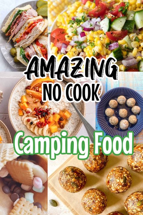 no cook camping food collage No Cook Camping Meals, Camping Meal Ideas, Vegetarian Camping, Simple Camping, Camping Food Make Ahead, Camping Food Ideas, Healthy Camping Food, Camping Meal, Camping Menu