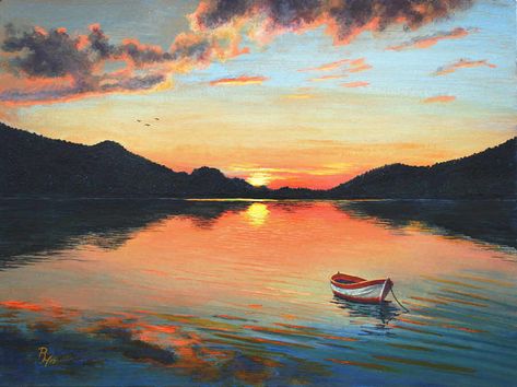 Sunset over a Mountain Lake - Acrylic Painting Lake Acrylic Painting, Mountain Sunset Painting, Acrylic Sunset, Sunset Landscape Painting, Sunset Painting Acrylic, Mountain Landscape Painting, Sunrise Painting, Sunrise Art, Mountain Painting