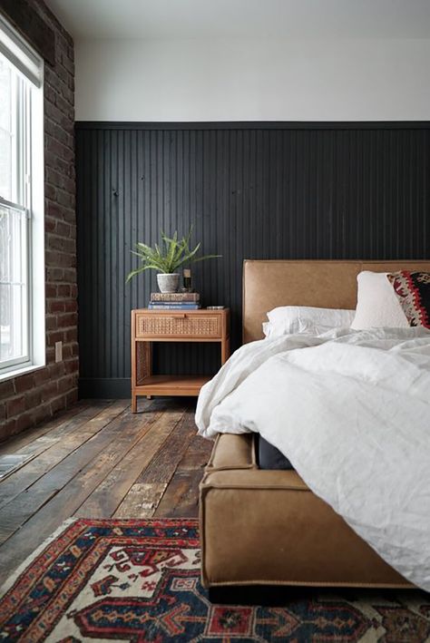 💐@brianaa0122💐 Bedroom Wanes Coating, Primary Bedroom Wainscoting, Wainscotting Master Bed, Primary Bedroom Wall Paneling, Black Plank Wall Bedroom, Modern Primary Bedroom Design, Primary Bedroom Black Bed, Modern Rustic Bedroom Design, Masterbed Ideas Modern