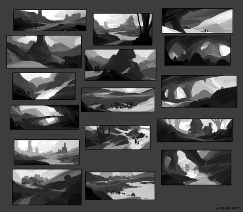 ArtStation - Thumbnail Sketches, Andreas Rocha Thumbnail Concept Art, Thumbnails Sketches, Background Thumbnail, Environment Sketch, Storyboard Ideas, Environment Painting, Thumbnail Sketches, Bg Design, Concept Art Tutorial