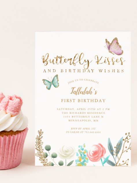 Butterfly Kisses and Birthday Wishes Gold Floral Invitation Sweet birthday party invitation template card featuring watercolor pink and mint butterfly with faux gold floral garden. The text at the top says "butterfly kisses and birthday wishes." Perfect for a girl's party in the spring #birthdayinvitationcard #birthday #happybirthday #birthdaycards First Birthday Themes Butterfly, 3rd Butterfly Birthday, Boho Butterfly Themed Birthday Party, 2nd Butterfly Birthday Party, Butterfly Themed Birthday Party One Year Old, Three Year Old Butterfly Party, Butterfly Themed 2nd Birthday Party, Butterfly Garden First Birthday Party, First Butterfly Birthday Party