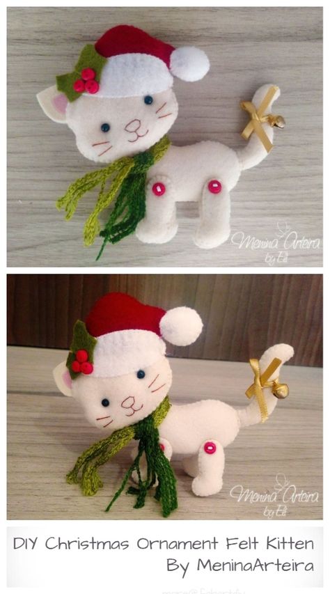 DIY Christmas Ornament Felt Kitten Free Sewing Patterns Free Felt Cat Patterns, Cat Christmas Decorations, Felt Crafts Christmas Patterns Free Printable, Christmas Felt Patterns, Felt Christmas Patterns, Free Felt Patterns Printables, Felt Xmas Decorations, Cute Felt Crafts, Christmas Felt Crafts