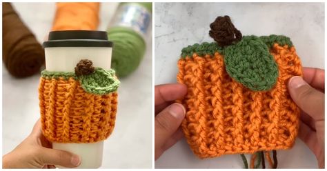 Pumpkin Crochet Coozie, Crochet Cup Coozie Pattern, Cup Warmer Crochet, Coffee Sleeve Pattern, Crochet Cozies, Crochet Pumpkin Hat, Crochet Kingdom, Pumpkin Basket, Crochet Mug Cozy