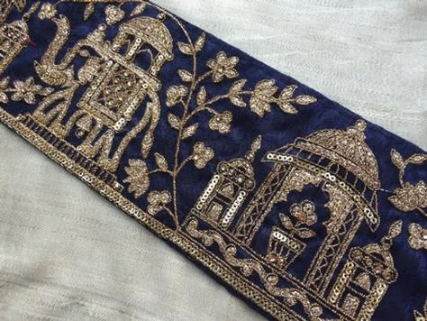 Indian Palace, Blue Sari, Eternal Symbol, Embroidery Indian, Elephant Embroidery, Gold Work Embroidery, Royal Indian, Zardozi Embroidery, Border Embroidery Designs