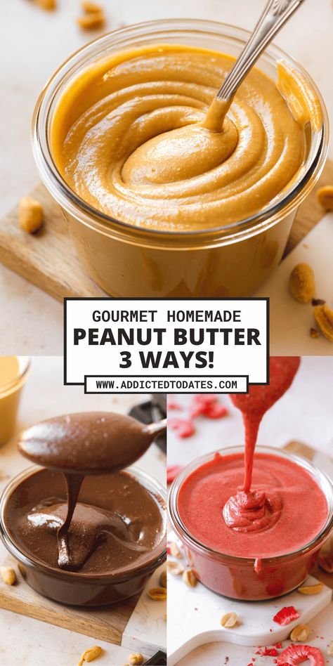 Gourmet Homemade Peanut Butter (3 Ways!) - Addicted to Dates Gourmet Peanut Butter, Peanut Butter Recipes Easy, Homemade Nut Butter, Caramel Dessert Recipes, Vegan Chocolate Recipes, Chocolate And Strawberry, Dessert Truffles, Stop Spending, Vegan Cookies Recipes