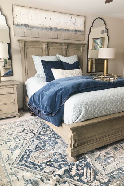 Navy Gray And Tan Bedroom, Master Bedrooms Navy And Cream, Farmhouse With Navy Accents, Navy Rug Bedroom Ideas, Farmhouse Bedroom Blue Bedding, Navy And Beige Master, Navy Accent Bedroom Decor, Navy Cream Tan Bedroom, White And Navy Master Bed