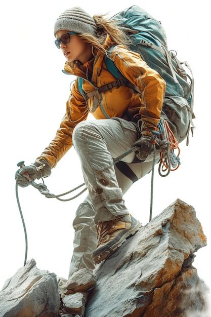 Photo detailed character design of a mou... | Premium Photo #Freepik #photo Hikers Outfit, Climbing Pose, Adventure Poses, Mountain Climbing Outfit, Trekking Aesthetic, Preppy Camping, Granola Style, Climbing Art, Hiking Style