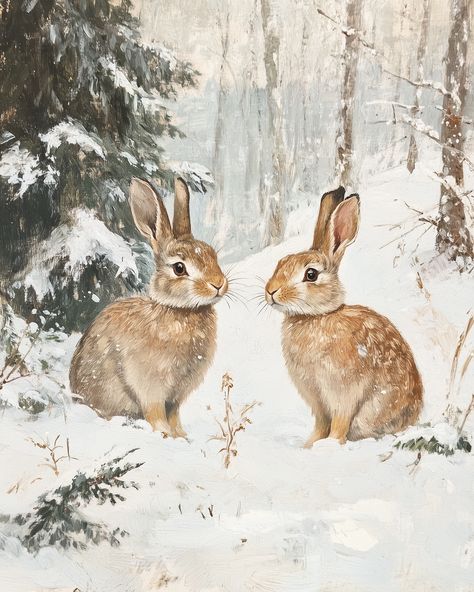 🐇❄️ Embrace the charm of winter with this vintage oil painting featuring two adorable rabbits nestled in a snowy forest! 🌲✨ The soft brush strokes and light colors create a dreamy atmosphere that captures the beauty of nature. Perfect for adding a touch of whimsy to your home decor! 🖼️❤️ #VintageArt #WinterWonderland #HomeDecor #BunniesInTheSnow... Pictures Of Rabbits, Clover Craft, Two Rabbits, Fairy Tale Illustration, Bunny Drawing, Snowy Forest, Rabbit Art, Vintage Oil Painting, Folk Art Painting