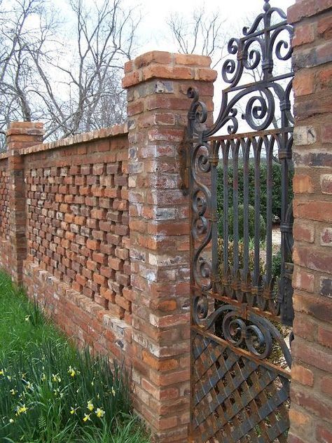 13 Brick Fence and Column Designs - A Quick Planning GuideFacebookGoogle PinterestTumblrTwitterYouTube Brick Wall Gardens, Iron Garden Gates, Brick Columns, Doors Ideas, Brick Fence, Brick Garden, Wrought Iron Gate, Modern Fence, Old Bricks