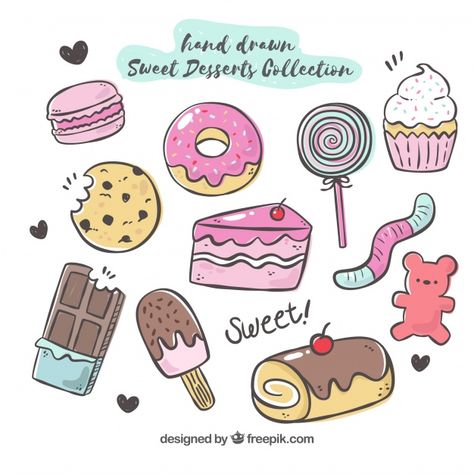 Food Doodle, Doodles Bonitos, Candy Drawing, Desserts Drawing, Doodle Sticker, Easy Sweets, Arte Doodle, Food Doodles, Cute Food Drawings