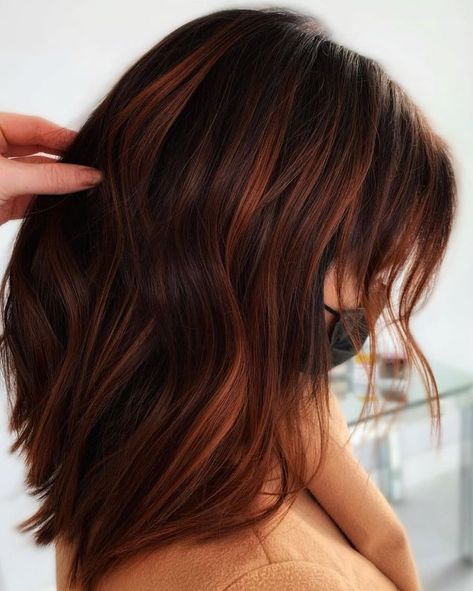 Brunette with Delicate Copper Balayage Brunettes With Balayage, Dark Copper Balayage Brunette Bob, Natural Looking Red Hair Dye, Brunette With Copper Lowlights, Dark Red Copper Balayage, Dark Copper Balayage Hair, Balayage Brown To Red, Cowboy Copper Hair Brunette Ombre, Brunette Cowgirl Copper