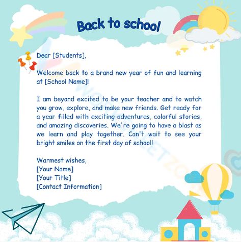 Get ready for an exciting new adventure as we kick off the school year with our back to school letter! Teacher also can take this sample letter to send your student to welcome back to them. Check it out! #backtoschool #letters #letterfromteacher #teacher #sample #welcomeback #greettings #students #pdfs #printable #worksheets Back To School Welcome Letter, Welcome Letter To Students From Teacher, Back To School Letter From Teacher, Welcome To Preschool Letter, Letter To Students From Teacher, Classroom Welcome Letter, Preschool Welcome Letter, Teacher Welcome Letters, Letter Greetings