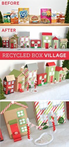 Make a Christmas Village with Recycled Boxes and wrapping paper -- free printable windows and more at PagingSupermom.com Cereal Box Craft, Dollar Store Christmas Decor, Cardboard Christmas Tree, Village Christmas, Diy Christmas Village, Cereal Boxes, Christmas Village Display, Dollar Store Christmas, Diy Papier