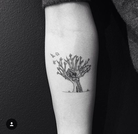 Jon boy treehouse tattoo Treehouse Tattoo Simple, Tree House Tattoo, Treehouse Tattoo, Jonboy Tattoo, House Tattoo, Jon Boy, Sibling Tattoos, Magic Treehouse, Home Tattoo