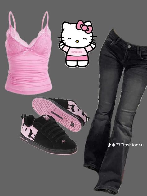 Pink 2000s Aesthetic Outfits, Pink Grunge Aesthetic Outfits, Trashy 2000s Outfits, Hello Kitty Outfit Ideas, Mcbling Fashion, Street Style Outfits Casual, Trashy Outfits, Hello Kitty Clothes, Clueless Outfits