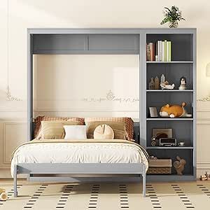 SOFTSEA Queen Size Murphy Bed, Wood Bed Frame can be Folding into a Cabinet Wooden Queen Bed Frame, Queen Size Murphy Bed, Murphy Bed Wall, Full Size Murphy Bed, Bed With Shelves, Queen Murphy Bed, Space Saving Beds, Bed Shelves, Office Guest Room