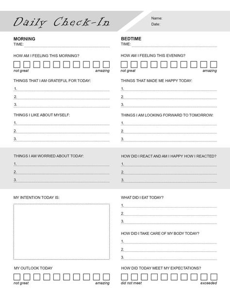 This worksheet is a perfect tool for counselors, psychologists, psychiatrists, therapists, and other mental health professionals to give to your clients and patients including students and adults. Daily Check In For Mental Health, Mental Health Journaling Printable, Health Journal Templates, Weekly Check In, Worksheets For Mental Health, Bpd Disorder, Therapist Notes, Mental Health Tracker, Mental Health Journaling