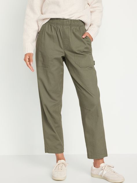 elastic waist faux fly front utility pockets back patch pockets hammer loop at leg sits at belly button relaxed hip and thigh tapers at ankle 28" regular inseam 26" petite inseam 32" tall inseam models are approx.  5'9" and wear sizes s (4), l (12), and xl (18) Pixie Pants, Utility Pockets, Utility Pants, Outfit Inspiration Fall, Old Navy Women, Navy Green, Back Patch, Navy Pants, Bottom Clothes