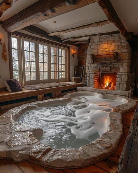 Mansion Indoor Pool, Log Mansion, Large Bathtub, Piscina Interior, Mansion Designs, Rustic Bathroom Designs, Rustic Home Design, Fantasy House, Cabin Design