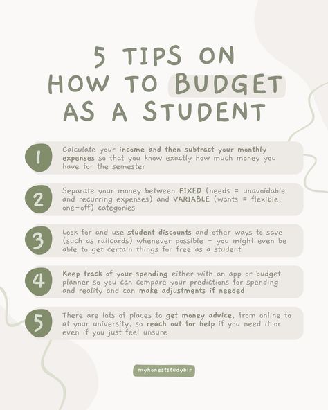 💵 5 tips on how to budget as a student 💵 • QOTD: if you won the lottery, what would be the first thing you bought? • 💾 𝙎𝙖𝙫𝙚 𝙖𝙣𝙙 𝙨𝙝𝙖𝙧𝙚 𝙩𝙝𝙞𝙨 𝙥𝙤𝙨𝙩 𝙛𝙤𝙧 𝙧𝙚𝙛𝙚𝙧𝙚𝙣𝙘𝙚 𝙖𝙣𝙙 𝙩𝙤 𝙝𝙚𝙡𝙥 𝙚𝙣𝙜𝙖𝙜𝙚𝙢𝙚𝙣𝙩! (𝙖𝙣𝙙 𝙛𝙤𝙡𝙡𝙤𝙬 @myhoneststudyblr 𝙛𝙤𝙧 𝙢𝙤𝙧𝙚!) • ⬅️ 𝙨𝙬𝙞𝙥𝙚 𝙩𝙤 𝙨𝙚𝙚 𝙢𝙮 𝙩𝙞𝙥𝙨 • One of the most difficult parts of being a student for a lot of people can often not even be the studying part. Lots of people really struggle with budgeting and managing their money throughout the semester and the academic year so in this post I... Financial Literacy For College Students, Saving Money For College, Budgeting Tips For College Students, Budgeting For Students, How To Save For College, Manage Money Tips, How To Adult, Business Money Management, Budget Student