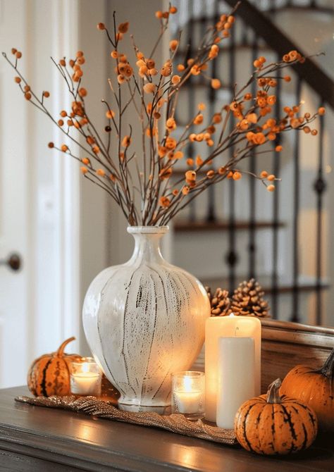 Simple Fall Island Decor, Tall Fall Floral Arrangements, Autumn Centerpieces For Table, Diy Fall Flower Arrangements, Fall Table Centerpieces For Home, Fall Vase Arrangements, Autumn Table Centerpieces, Pumpkin Vase Centerpiece, Dusty Autumn