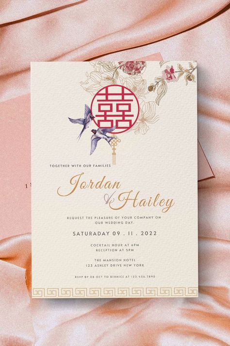 Chinese Wedding Invitation Card | Double Happiness Asian Wedding Invite | Oriental Love Bird 结婚请柬 Asian Theme Wedding, Chinese Wedding Invitation Card, Asian Wedding Invitations, Modern Chinese Wedding, Bilingual Wedding, Chinese Wedding Invitation, Free Wedding Invitation Templates, Wedding Invitation Card Template, Love Bird