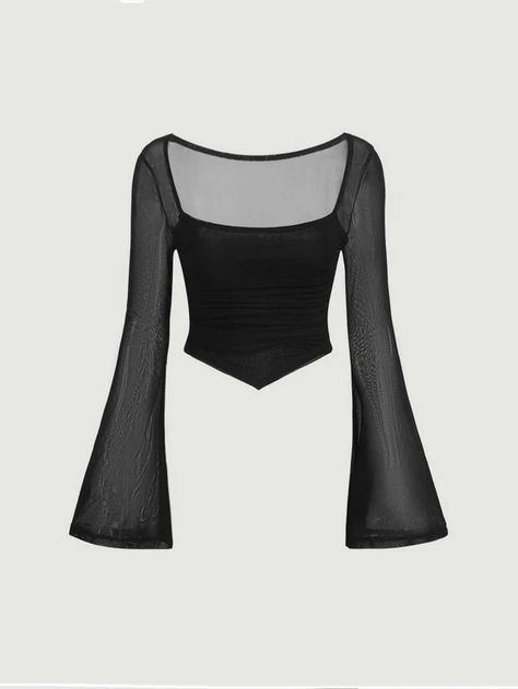 SHEIN MOD Contrast Mesh Trumpet Sleeve Ruched Hanky Hem Crop Tee | SHEIN USA Toxic Clothing, Black Long Sleeve Crop Top, Mesh Tops, Fast Fashion Brands, Hanky Hem, Trumpet Sleeve, Cropped Tops, Women T Shirts, Really Cute Outfits