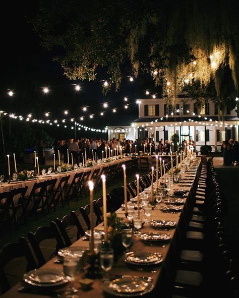 Long tables, twinkle lights, romantic candlelit dinner are what dreams are made of... See more of this #charlestonwedding from @oliviaraejames on #snippetandink! Candlelit Wedding Ceremony, Lebanon Wedding, Midsummer Nights Dream Wedding, Candlelit Wedding, Dark Wedding Theme, Moody Florals, Long Tables, Wedding Entrance Decor, Candlelit Dinner