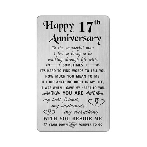 PRICES MAY VARY. 17th Wedding Anniversary Gifts for Him - Celebrate your man with personalized 17th anniversary greeting cards, engraved with permanent love notes, could be keep for a life time. Best 17 Yr Wedding anniversary gifts for men husband Engraved Metal Wallet Card - Made with Stainless steel, laser engraved keepsake, cute and lightweight, will not tarnish or change color, will not easy bend within wallet Credit Card Size - Approximately credit card size 3.38"x2.13"x0.03", fits perfectl 13 Anniversary, 30th Anniversary Cards, Veil Updo, 7 Year Anniversary Gift, 9 Year Anniversary, 50th Anniversary Cards, Anniversary Cards For Wife, Anniversary Cards For Him, 9th Wedding Anniversary