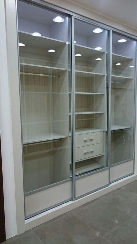 Glass Door Closet Wardrobes, Almari Sliding Door, Cupboard Glass Door Design, Wardrobe Glass Sliding Doors, Saree Cupboard Ideas, 3 Sliding Door Wardrobe Design, Sliding Wardrobe Doors Modern, Closet With Glass Doors, Glass Door Closet