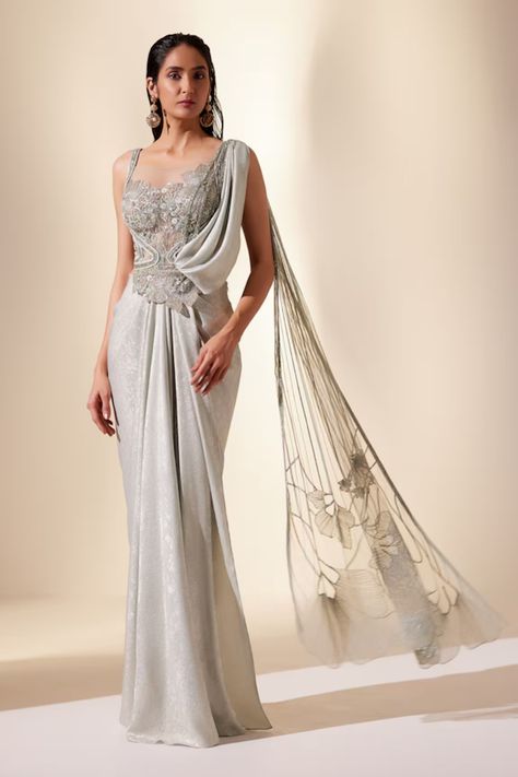 Saree Gown - Shop Latest Designer Saree Gowns For Women Online Trousseau Outfits Indian, Latest Drape Saree Designs, Cocktail Saree Indian Weddings, Sari Gown Designs, Embroidery Designs For Sarees, Saree Couture, Mint Green Saree, Draped Lehenga, Latest Indian Outfits