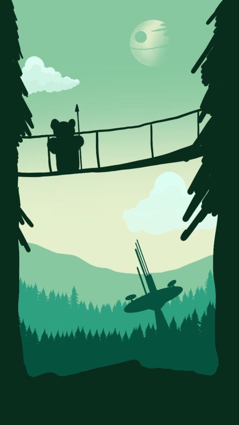 Ewoks Star Wars Wallpaper, Endor Planet Aesthetic, Star Wars Endor Wallpaper, Star Wars Endor Bedroom, Ewok Background, Endor Star Wars Art, Star Wars Cartoon Wallpaper, Minimalist Star Wars Art, Green Star Wars Wallpaper