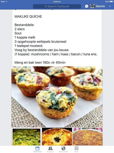 Maklike Vingerhappies, Southappies Maklike, Quiche Recipes Crustless, Thanksgiving Recipes Side Dishes Veggies, Savory Muffins Recipes, Afrikaanse Resepte, Quiche Recipes Easy, Cookie Recipes Homemade, Thanksgiving Recipes Side Dishes