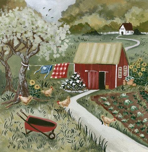 Folk Art Landscape Painting, Garden Shed Drawing, Watercolor Farm Landscape, Vegetable Garden Painting, Garden Illustration Art, Garden Art Painting, Sea Illustrations, Garden Illustrations, Cottage Illustration