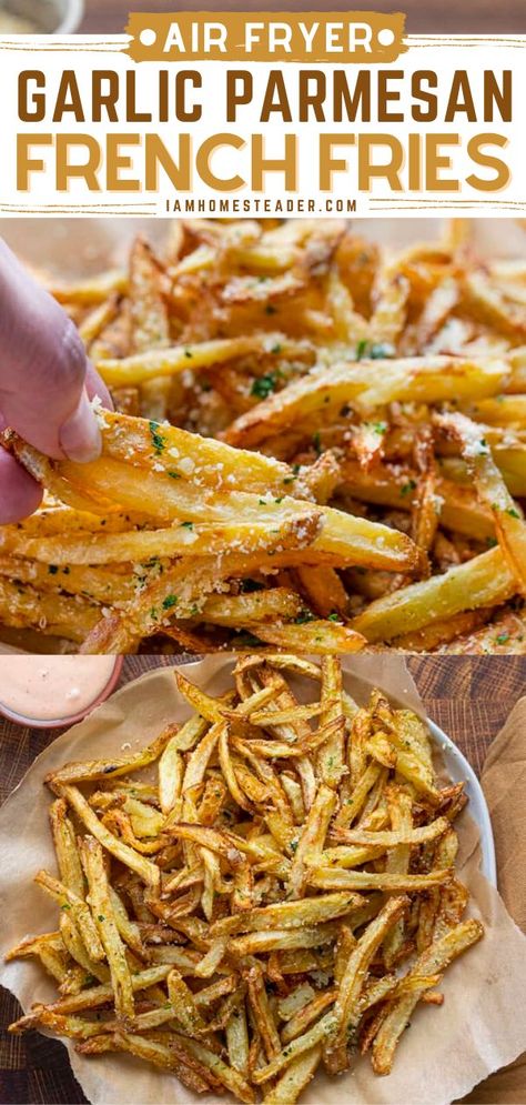 Garlic Parmesan Sweet Potato Fries Air Fryer, Air Fried French Fries Recipe, Garlic Parmesan French Fries Air Fryer, Air Fryer Garlic Parmesan Fries, Garlic Parm Fries Air Fryer, Homemade Garlic Parmesan Fries, Garlic Parmesan Fries Air Fryer, Superbowl Appetizer Ideas, Air Fryer Garlic Fries