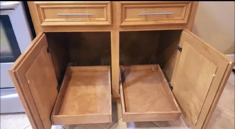 How to Build DIY Pull-Out Cabinet Shelves for Under $30 Each | Hometalk Lower Kitchen Cabinets, Shelves For Kitchen Cabinets, Diy Pull Out Shelves, Diy Stained Glass Window, Cabinet Shelves, Slide Out Shelves, Kitchen Base Cabinets, Pull Out Shelves, Hidden Kitchen