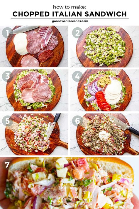 This chopped Italian sandwich has the perfect combination of chopped cheeses, meats, pepper, and veggies, bathed in a zesty Italian dressing. #sandwich #italiansandwich Chopped Italian Wrap, Italian Chopped Salad Sandwich, Chopped Sandwich Ideas, Chopped Sandwich Recipe, Chopped Salad Sandwich, Italian Sandwich Recipe, Chopped Italian Sandwich, Chopped Sandwich, Italian Sandwich Recipes