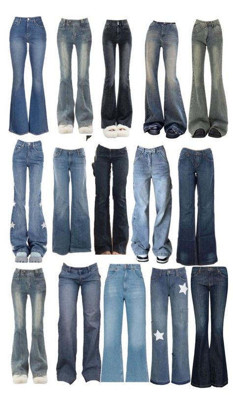 Best Places To Get Flared Jeans, Pants Inspo Aesthetic, Different Jean Styles, Pants Collage, Ropa Y2k, Y2k Jeans, Downtown Outfits, Types Of Jeans, Smink Inspiration