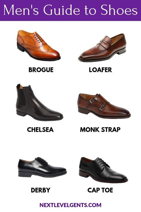 Clean and dapper shoes are the finishing touch of your outfit. What are the essential styles? Here are the 6 shoes men should own: Brogues, Loafers, Chelsea boots, Monk Strap, Derby, and Cap Toe Oxfords. #menswear #shoes #mensshoes #mensstyle #fashion #mensfashion #styletips Fancy Shoes Aesthetic Men, Chelsea Boots Wedding Outfit Men, Men Corporate Shoes, Men Oxford Shoes Outfit, Chelsea Shoes Men Outfit, Black Chelsea Boots Men Outfit Formal, Monk Shoes Men Outfit, Brogue Shoes Man, Shoes For Suits Men