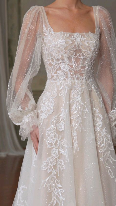 Square Necked Wedding Dresses, Chiffon And Lace Wedding Dress, Wedding Dress Floral Sleeves, Wedding Dress With Corset And Sleeves, Romantic Fairytale Wedding Dress, Lana Del Ray Wedding Dress, Wedding Gown Square Neck, Celestial Wedding Gown, Modest Fairytale Wedding Dress