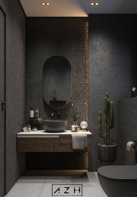 Black Bathroom on Behance Bathroom Interior Design Luxury Black, Black Luxury Bathroom, Dark Modern Bathroom, Small Dark Bathroom, Black Modern Bathroom, Bathroom Interior Design Luxury, Toilette Design, Luxury Bathroom Interior, Bathroom Design Black