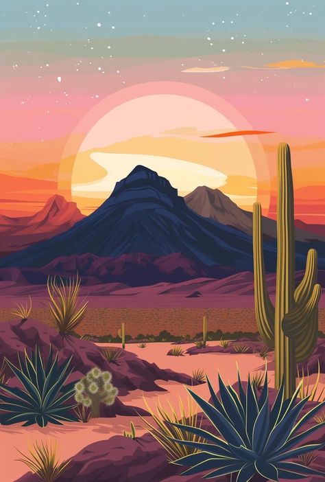 Volcano Aesthetic Drawing, Minimalist Desert Landscape, Volcano Aesthetic, Dessert Painting, Sunset Illustration, Desert Landscaping, Scenery Wallpaper, Volcano, Painting Ideas