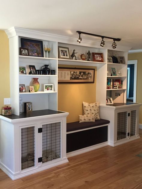 Dog kennels, bench seat with storage and built in bookshelves. Bench Seat With Storage, Dog Kennel Flooring, Seat With Storage, Built In Bookshelves, Diy Dog Crate, Ikea Inspiration, Dog Kennel Furniture, Diy Dog Kennel, Diy Entertainment