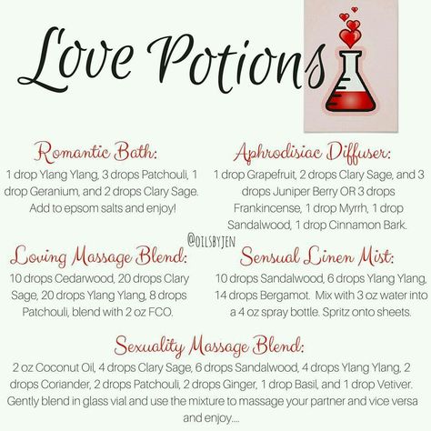 Massage Oils Recipe, Essential Oil Aphrodisiac, Love Potions, Essential Oil Perfumes Recipes, Essential Oil Diffuser Blends Recipes, Perfume Recipes, Essential Oils Guide, Essential Oil Spray, Essential Oil Diffuser Recipes