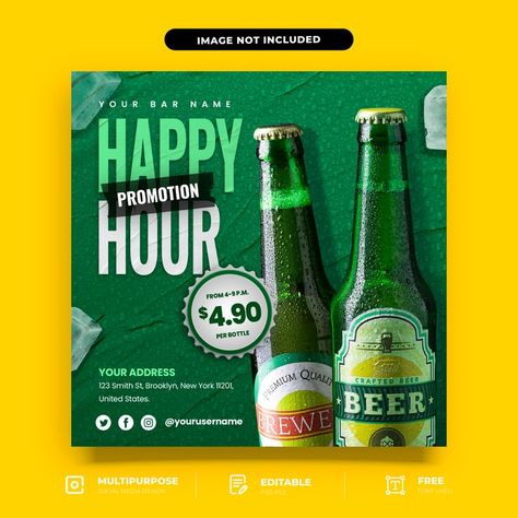 PSD Bar Promotion Social Media Design Template download Social Media Design Template, Bar Promotion, Happy Hour Beer, Beer Promotion, Bar Poster, Restaurant Marketing, Social Media Promotion, Promotional Products Marketing, Graphic Designer Portfolio