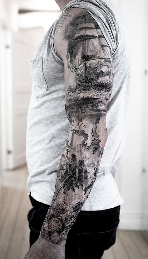 235+ Remarkable Pirate Tattoos Ideas For Men and Women (2022) - TattoosBoyGirl Ship Tattoo Sleeves, Nautical Sleeve, Pirate Ship Tattoos, Nautical Tattoo Sleeve, Pirate Tattoo, Marvel Tattoos, Nautical Tattoo, Tattoos Geometric, Cat Tattoos