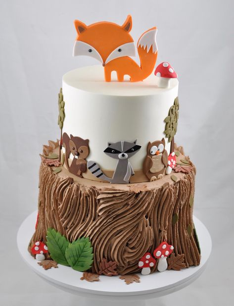 Woodland Theme Cake, Woodland Birthday Cake, Fox Cake, Woodland Cake, Woodland Birthday Party, Baby Boy 1st Birthday Party, Baby Shower Woodland Theme, Animal Cakes, Woodland Birthday