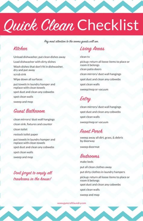 Quick Cleaning Checklist for Surprise Guests from Gym Craft Laundry Quick Cleaning Checklist, Quick Cleaning Tips, Speed Cleaning Checklist, Homemaking Hacks, Homemade Wipes, Deep Cleaning Checklist, Learning Printables, How To Clean Mirrors, House Cleaning Checklist