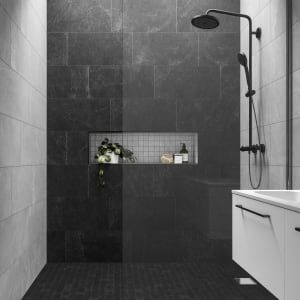 Available in 3 different sizes for a full room solution, and with the added benefit of being suitable for wet rooms, Lava is a subtle stone effect tile. Available in three shades, bone, grey and black""."" Floor Mosaic Tile, Charcoal Bathroom, Black Tile Bathrooms, Wet Room Flooring, Floor Mosaic, Tiles Uk, Mosaic Tile Sheets, Dark Tile, Mosaic Floor Tile