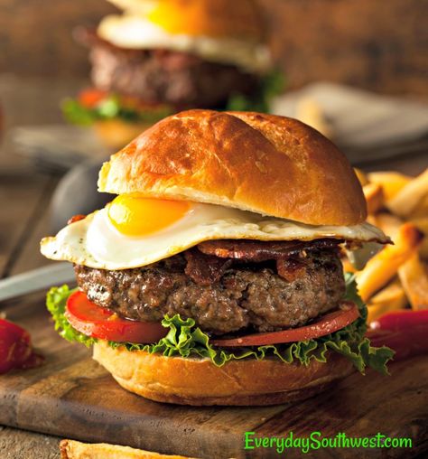 Gourmet Burger Recipe MexiCali Burger Breakfast Burger Recipe, Hamburger With Egg, Gourmet Burgers Recipes, Sausage Burgers, Egg Burger, Egg And Cheese Sandwich, Breakfast Burger, 귀여운 음식 그림, Bacon Egg And Cheese